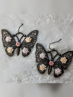 Antique Brass Butterfly Drop Earrings with Pink & Cream Rose Accents